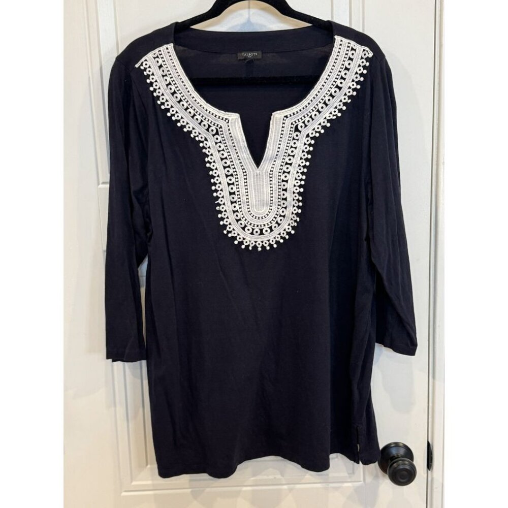 Talbots 2xl Navy with White Lace Detail 3/4 Length Sleeves EUC